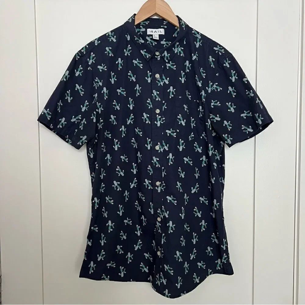 The Rail Shirt Mens XL Blue Cactus Print Short Sleeve Button Up Vacation Cotton